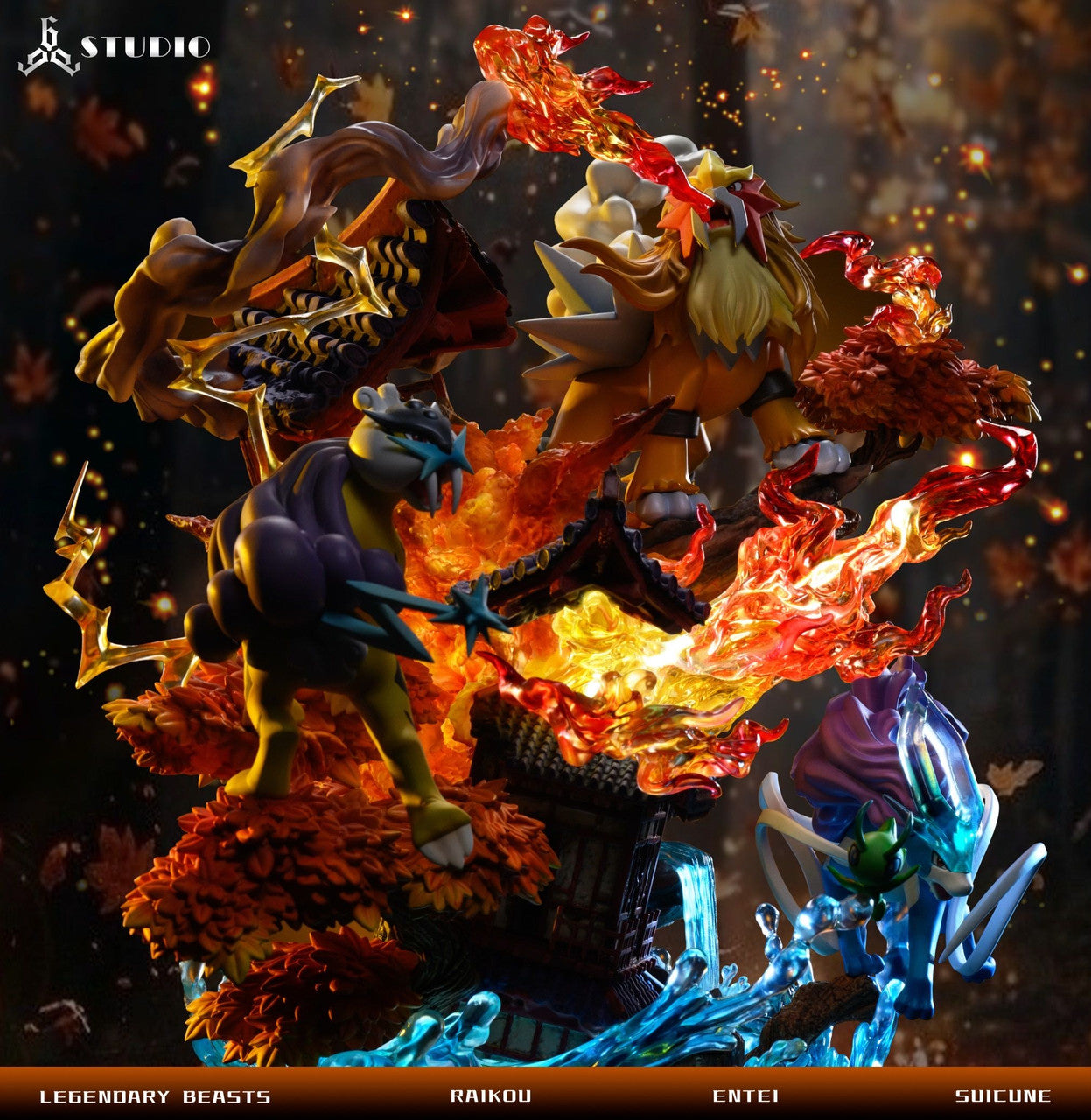 [Warehouse in Stock] 666 Studio - Statue - Pokémon Legendary Pokémon Entei & Raikou & Suicune with LED Emerald color