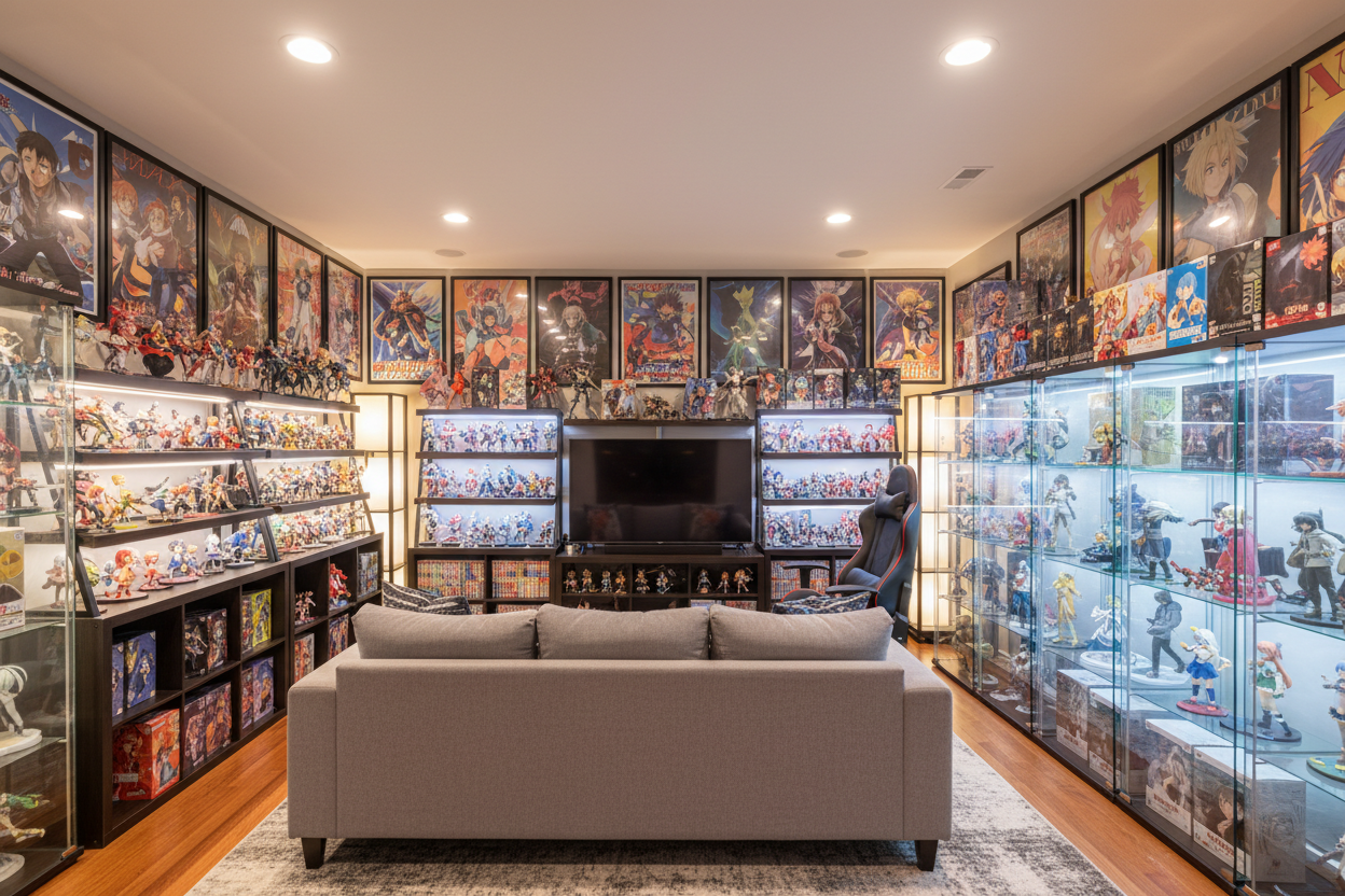 finished basement with anime collections including posters, figurines and statues